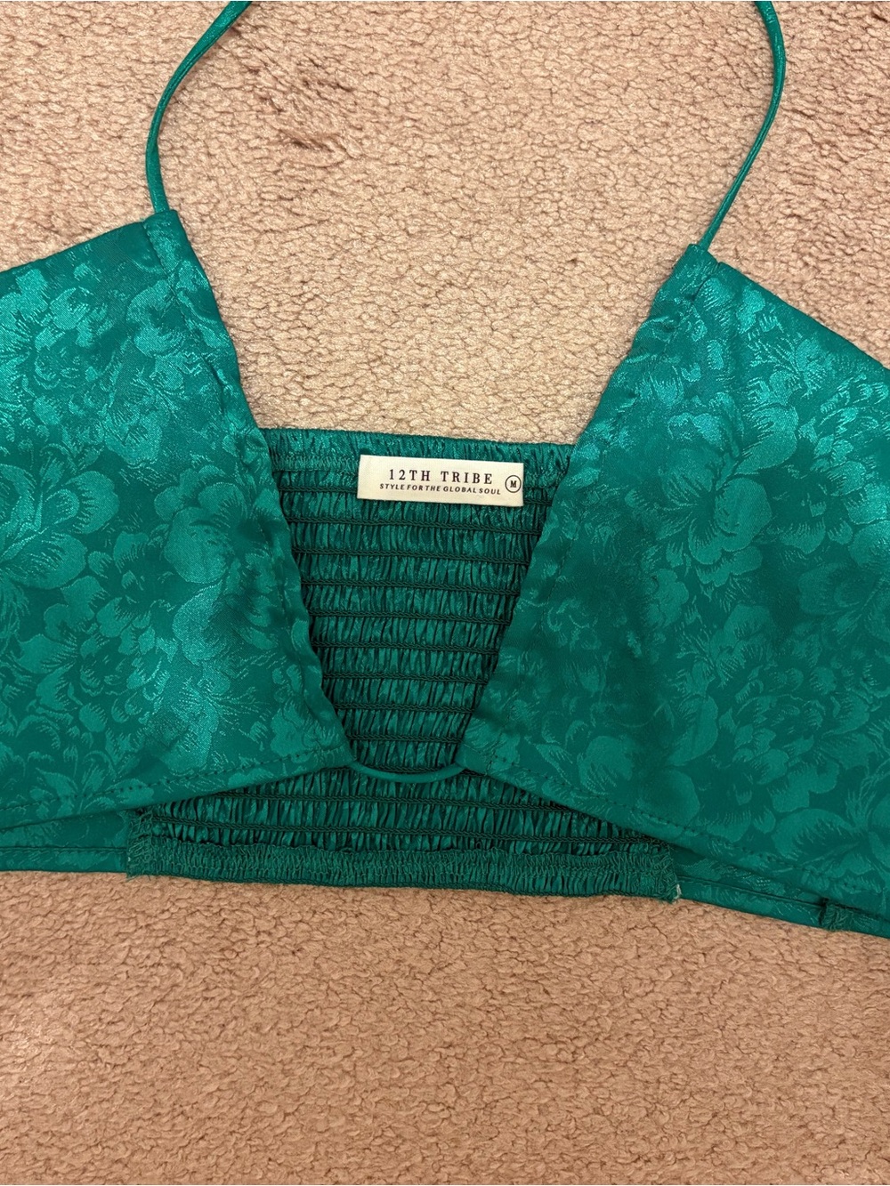12TH TRIBE Emerald Green Floral Jacquard Halter Crop Top & Shorts Set - Picture 6 of 8